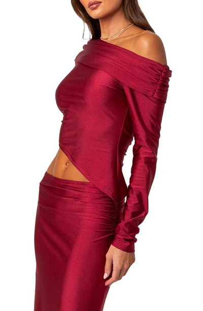 Edikted Reema Shiny Foldover One-shoulder Asymmetric Top In Red