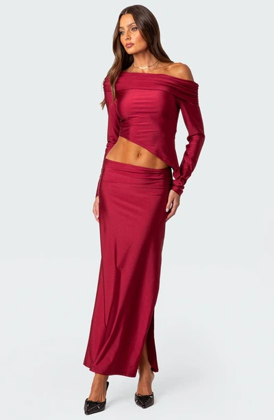 Edikted Reema Shiny Foldover One-shoulder Asymmetric Top In Red