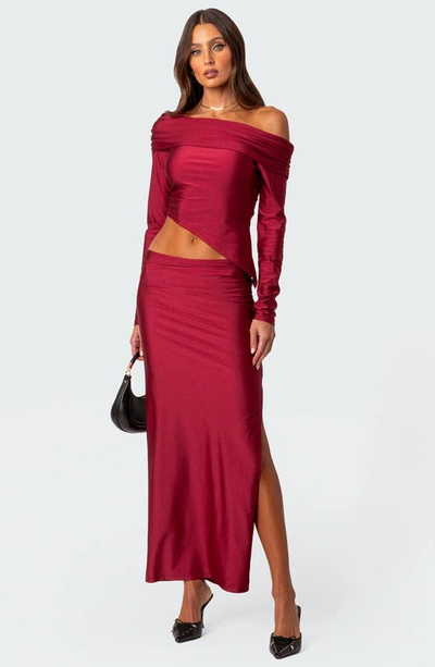 Edikted Reema Shiny Foldover One-shoulder Asymmetric Top In Red