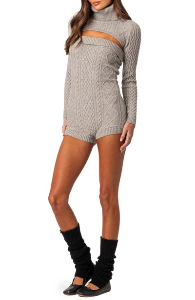 Shop Edikted Finnley Cable Stitch Long Sleeve Two-piece Romper In Gray Melange