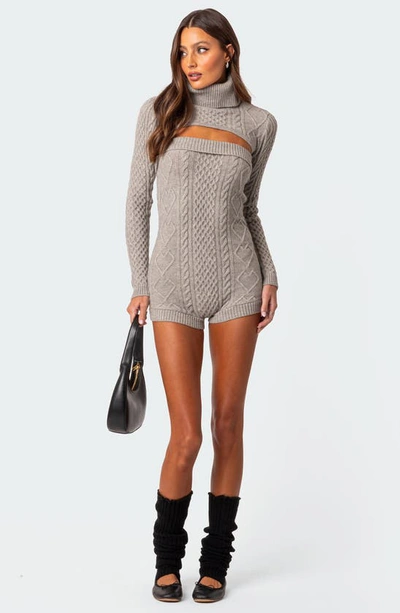 Shop Edikted Finnley Cable Stitch Long Sleeve Two-piece Romper In Gray Melange