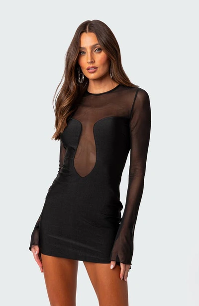 Edikted Saanvi Long Sleeve Mesh Panel Minidress In Black