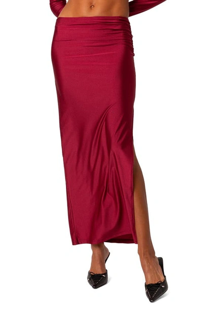 Shop Edikted Reema Shiny Slit Maxi Skirt In Red