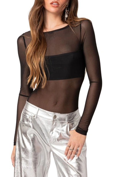 Shop Edikted Sheer Bandeau Mesh Bodysuit In Black