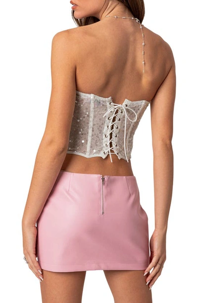 Edikted Women's Semi Sheer Sequin Lace Up Corset Top In White