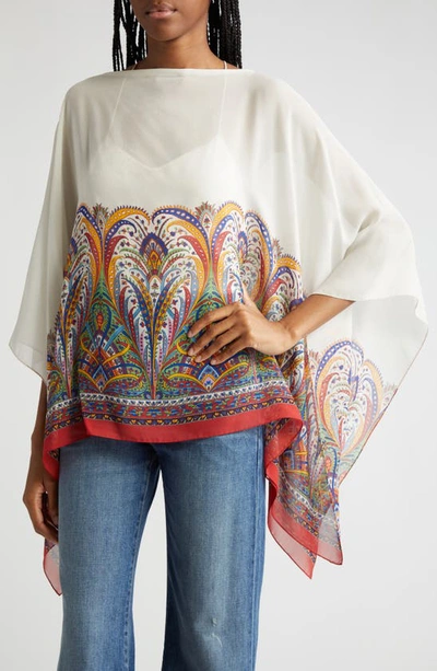 Shop Etro Placed Paisley Silk Georgette Poncho In Print On White Base