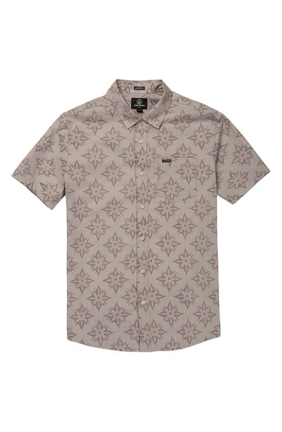 Shop Volcom Throwing Star Short Sleeve Cotton Button-up Shirt In Tower Grey