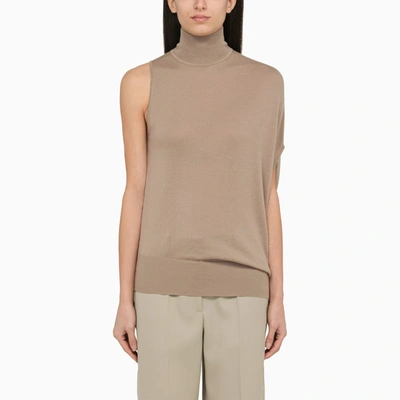 Shop Calvin Klein Taupe One-shoulder Turtleneck In Wool In Beige