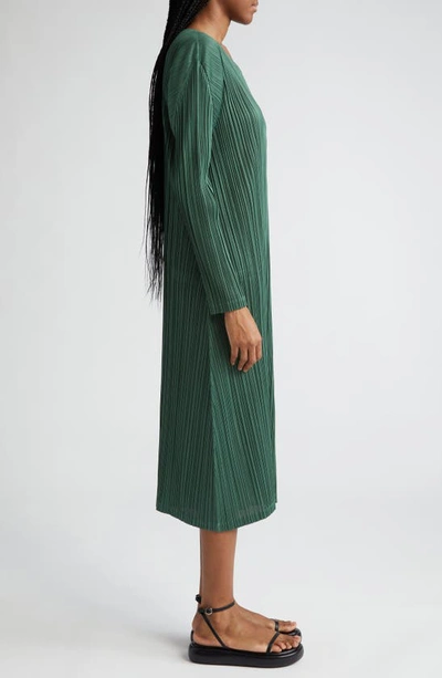 Shop Issey Miyake Monthly Colors December Pleated Long Seeve Midi Dress In Moss Green
