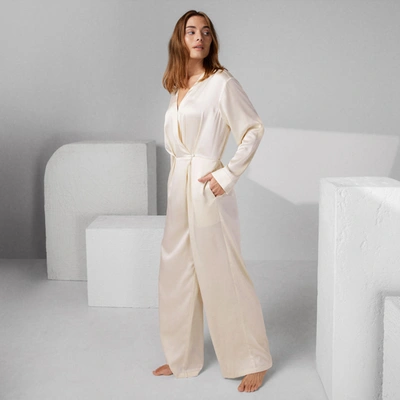 Shop Lunya Washable Silk Long Sleeve Jumpsuit In Swan White