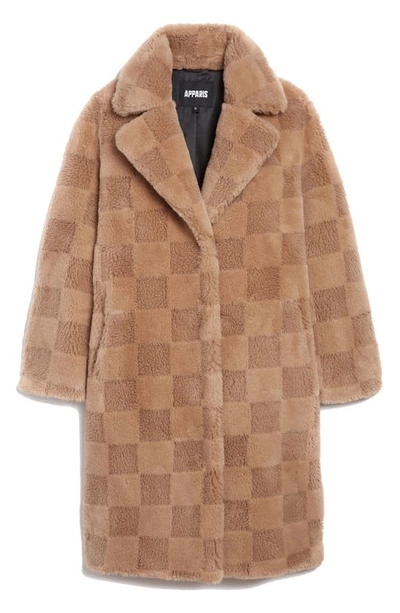Shop Apparis Tikka Checkerboard Faux Fur Coat In Butterscotch Checkerboard
