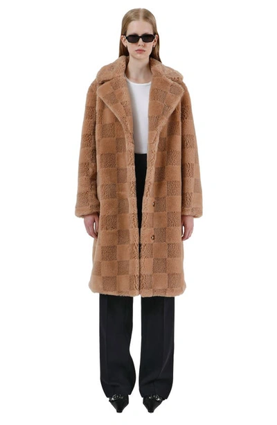 Shop Apparis Tikka Checkerboard Faux Fur Coat In Butterscotch Checkerboard
