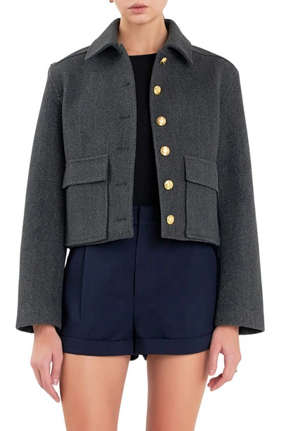 English Factory Women's Gold Button Cropped Jacket In Charcoal