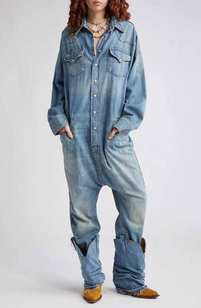 Shop R13 Cowboy Drop Crotch Denim Jumpsuit In Dekalb Blue