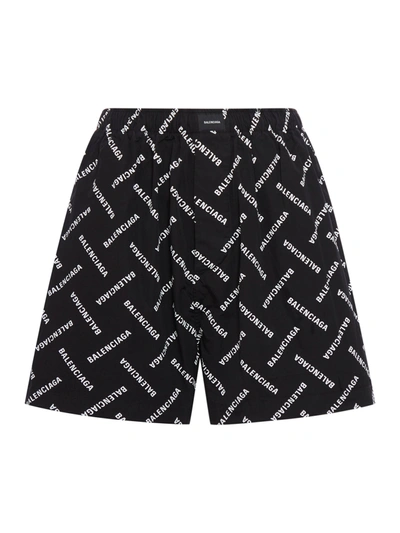 Shop Balenciaga Cotton Shorts With Allover Logo In Black