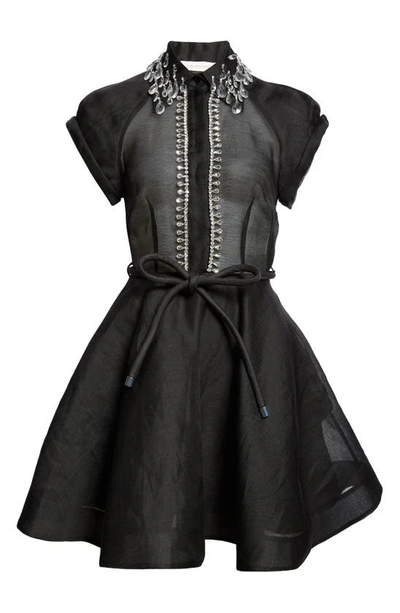 Shop Zimmermann Matchmaker Crystal Embellished Belted Linen & Silk Organza Minidress In Black