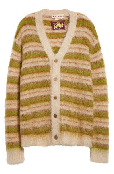 Shop Marni Stripe V-neck Mohair & Wool Blend Cardigan In Light Camel
