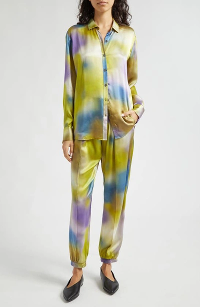 Shop Atm Anthony Thomas Melillo Watercolor Print Silk Charmeuse Joggers