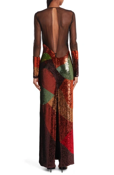 Shop Tom Ford Long Sleeve Sequin & Mesh Gown In Black/ Burgundy Multicolor