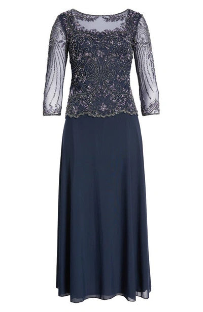 Pisarro Nights Pisaro Nights Beaded Mesh Mock Two-piece Gown In Navy 410
