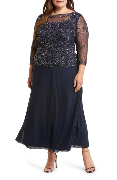 Shop Pisarro Nights Beaded Mesh Mock Two-piece Gown In Navy 410