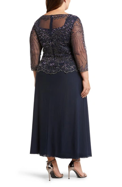 Pisarro Nights Beaded Mesh Mock Two-piece Gown In Navy 410