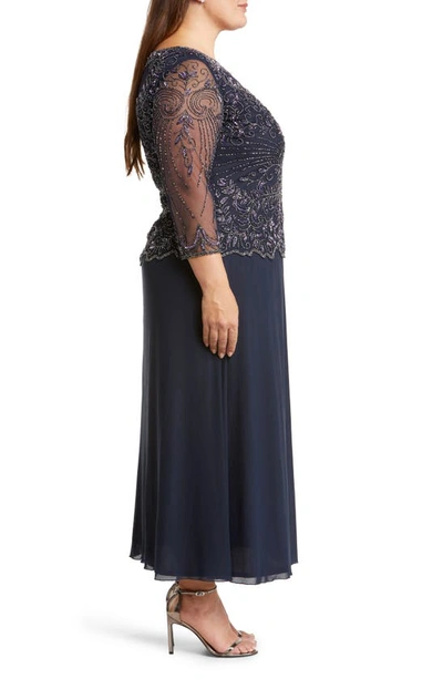 Pisarro Nights Beaded Mesh Mock Two-piece Gown In Navy 410