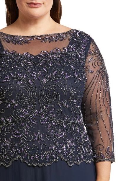 Pisarro Nights Beaded Mesh Mock Two-piece Gown In Navy 410