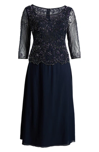 Pisarro Nights Beaded Mesh Mock Two-piece Gown In Navy 410