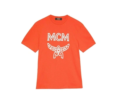 Shop Mcm Women's Orange Cotton Short Sleeve Logo Print T-shirt (small)