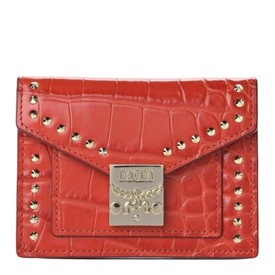 Shop Mcm Women's Red Crocodile Embossed Leather Mini Flap Coin Wallet In White