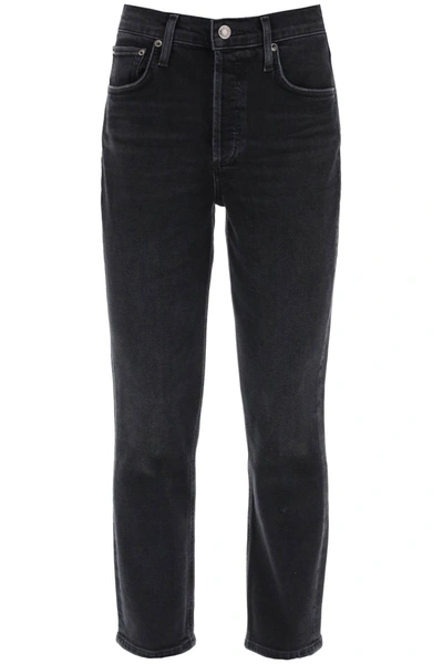 Shop Agolde Riley High-waisted Cropped Jeans In Black