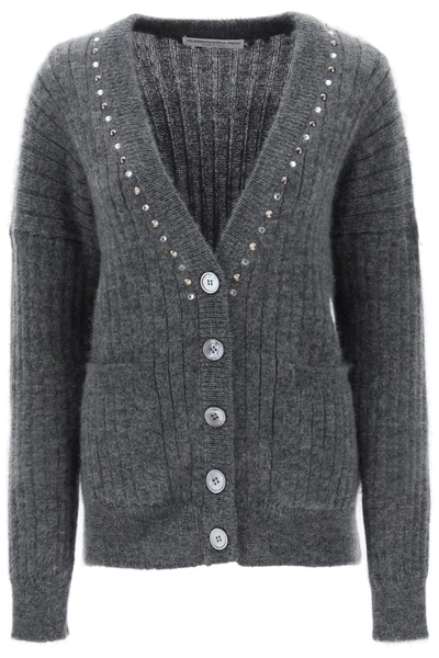 Shop Alessandra Rich Cardigan With Studs And Crystals In Grey