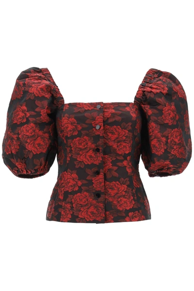 Shop Ganni Blouse In Floral Jacquard In Mixed Colours