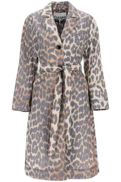 Shop Ganni Trench Coat In Leopard Faille In Mixed Colours