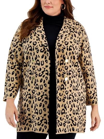 Shop Kasper Plus Womens Animal Print Notch Collar Cardigan Sweater In Beige