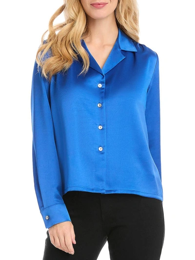 Shop Karen Kane Womens Satin Collared Button-down Top In Blue