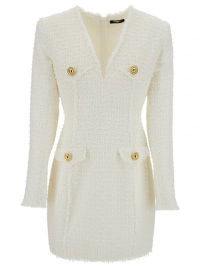 Shop Balmain White Cropped Jacket With Jewel Buttons In Tweed Woman