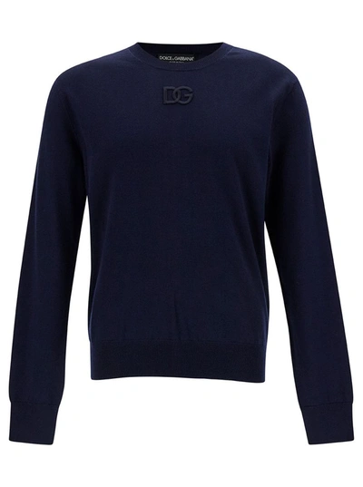 Shop Dolce & Gabbana Blue Crewneck Sweater With Tonal Logo Embroidery In Wool Man