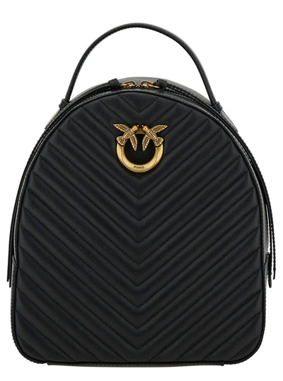 Shop Pinko 'love Click' Black Backpack With Love Birds Diamond Logo Detail In Chevron Leather Woman