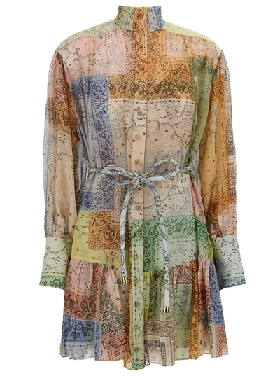 Shop Zimmermann Mini Multicolor Patchwork Dress With Belt In Cotton And Silk Woman