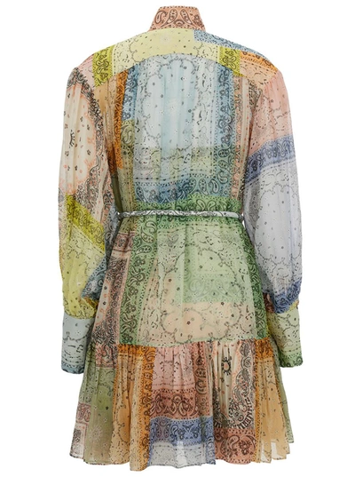 Shop Zimmermann Mini Multicolor Patchwork Dress With Belt In Cotton And Silk Woman