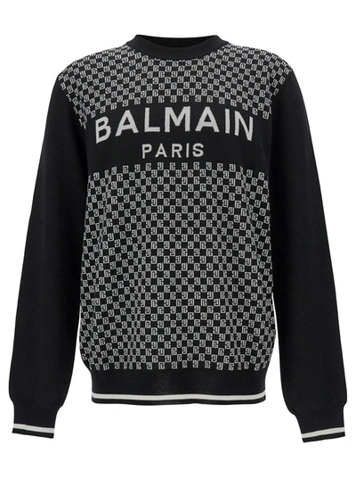 Shop Balmain Black Sweater With Mini Monogram In Wool Man