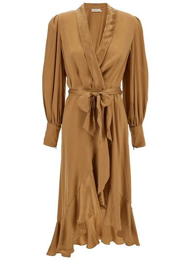 Shop Zimmermann Midi Asymmetric Beige Dress With Belt In Silk Woman