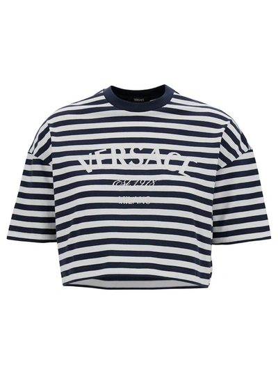 Shop Versace Striped Tshirt In Blu