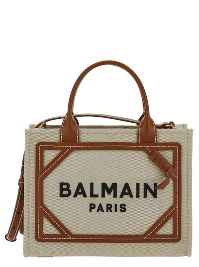 Shop Balmain 'b-army' Mini Beige Tote Bag With Logo Detail In Canvas Woman