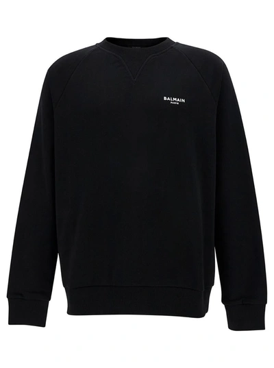 Shop Balmain Black Crewneck Sweatshirt With Contrasting Logo Print At The Front In Cotton Man