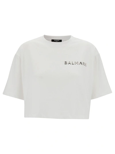 Shop Balmain Laminated Cropped T-shirt In White