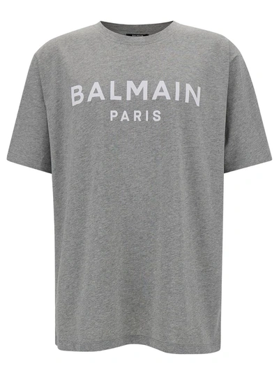 Shop Balmain Grey Crew Neck T-shirt With Logo Print On The Chest In Cotton Man