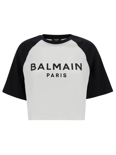 Shop Balmain Printed Raglan Cropped T-shirt In White